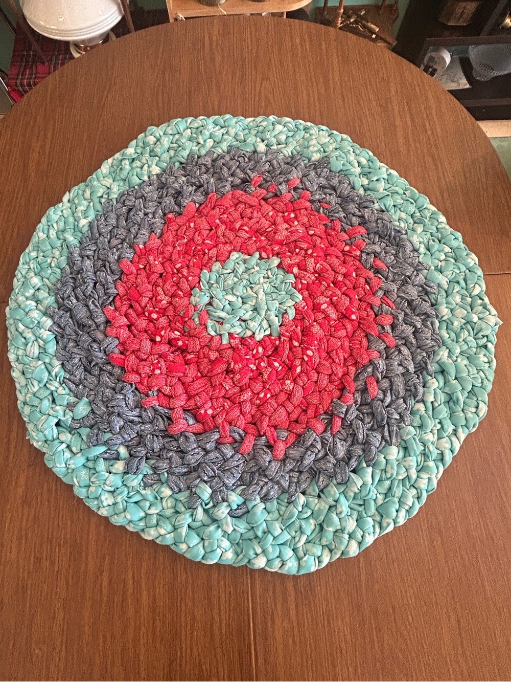 Vintage braided rag rug fortrell red turquoise aqua blue retro round
